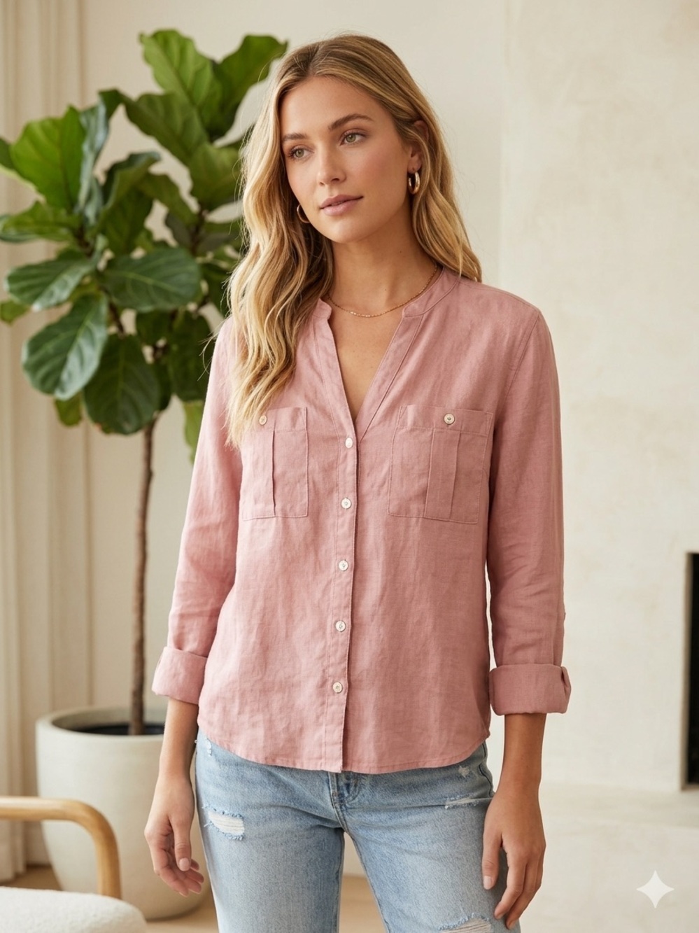 Nicole Miller New York 100% linen Button Down Shirt Blouse Dusty Rose Pink
